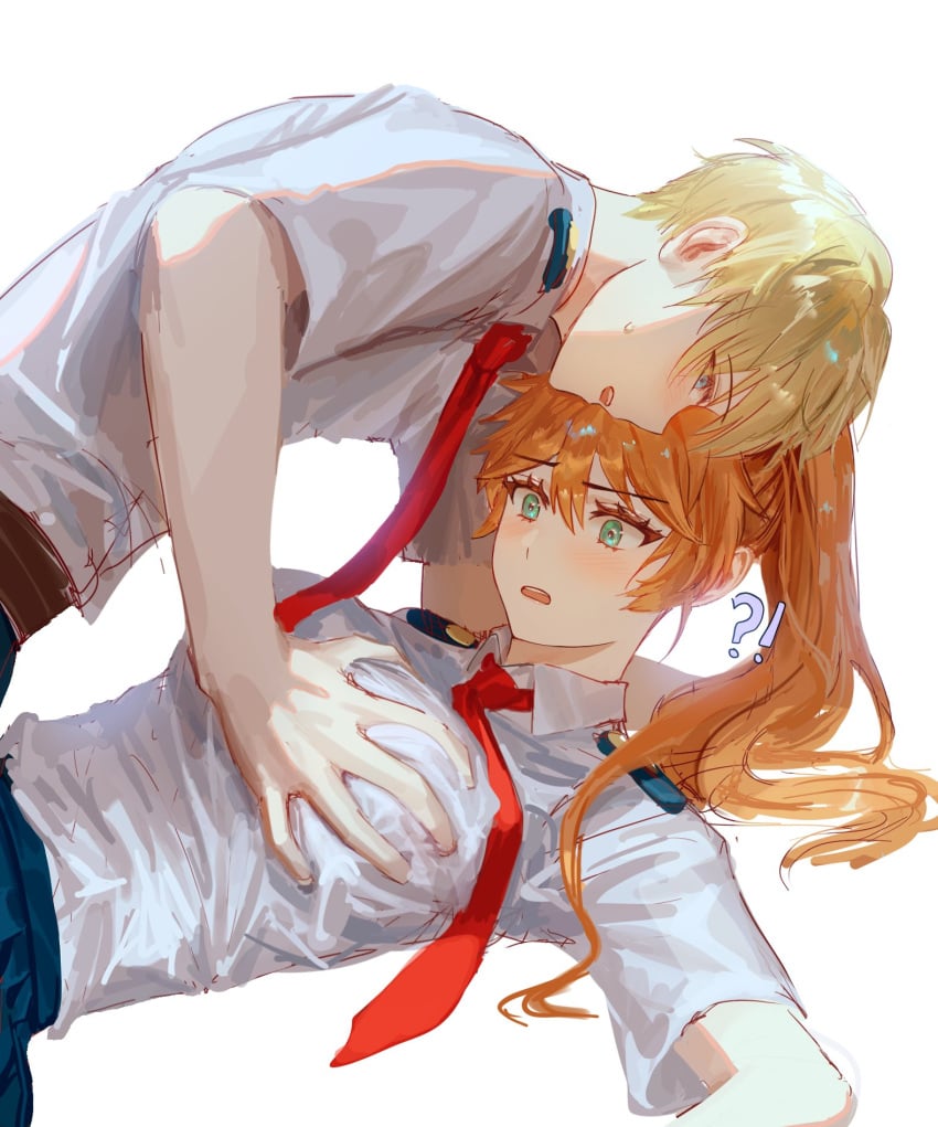 1boy 1boy1girl 1girls accidental_circumstance bangs blonde_hair blonde_hair_male blush boy_on_top breast_grab breast_squeeze busty female ginger ginger_hair green_eyes grope groping groping_breast groping_breasts hetero itsuka_kendou kendou_itsuka long_hair male male/female mdbhamd monoma_neito my_hero_academia neito_monoma on_back orange_hair ponytail question_mark red_tie school_uniform straight surprised surprised_expression teal_eyes tie u.a._school_uniform uniform