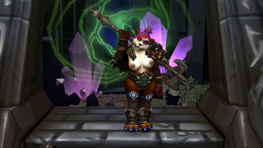 1girls 3d armor axe breasts facial_markings female female_focus female_only furry furry_only lipstick looking_at_viewer nail_polish nipple_piercing nipples pandaren piercing pussy red_panda solo solo_focus stockings uncensored useless_armor weapon