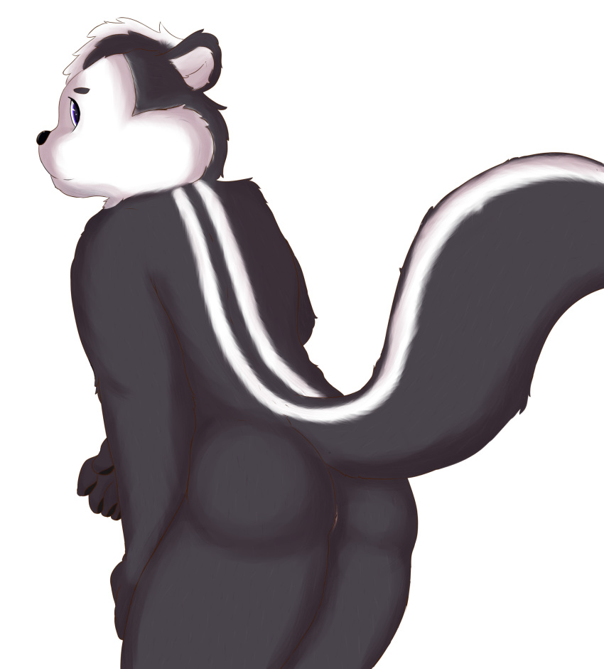 2018 anthro anus ass digital_media_(artwork) fur hi_res kittzy looking_at_viewer looney_tunes male male_only mammal mephitid multicolored_fur nude pepe_le_pew presenting skunk smooth_fur solo two_tone_fur warner_brothers white_fur