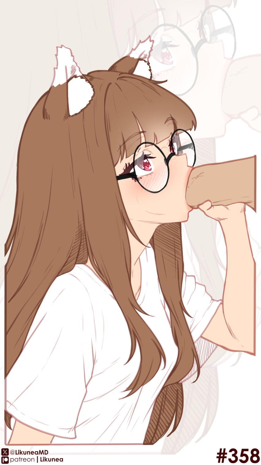 1boy 1girl absurdres animal_ear_fluff animal_ears bespectacled black-framed_eyewear blunt_bangs blush breasts brown_hair commentary english_commentary fellatio glasses hetero highres holo likunea long_hair oral patreon_logo patreon_username penis red_eyes round_eyewear shirt short_sleeves sidelocks simple_background small_breasts spice_and_wolf t-shirt tail twitter_username twitter_x_logo uncensored white_shirt wolf_ears wolf_girl wolf_tail zoom_layer