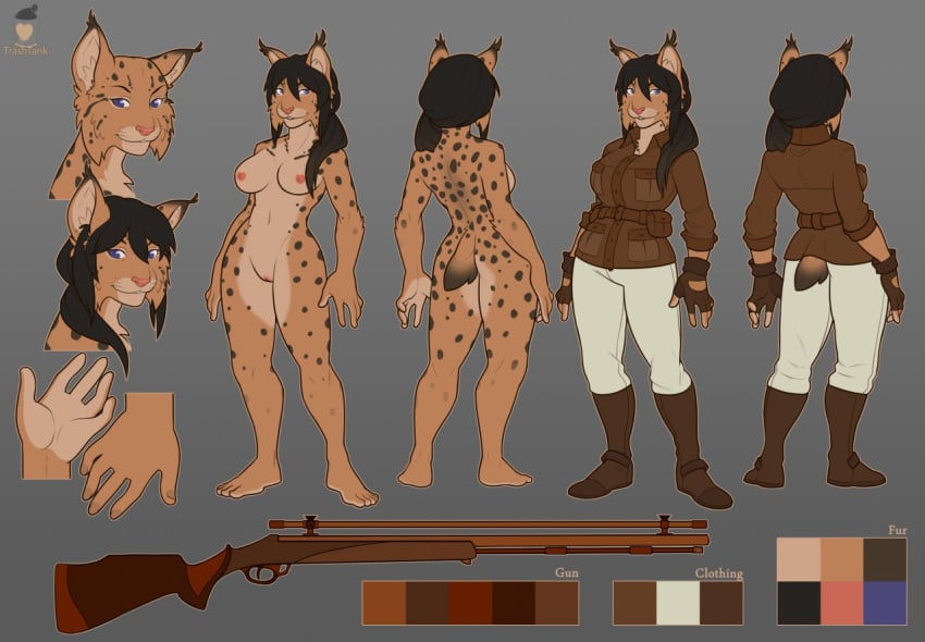 2017 5_fingers anthro areola ass belt big_breasts breasts clothing ear_tuft eurasian_lynx facial_tuft feline female footwear fur gloves gun hair humanoid_hands humanoid_penis jacket long_hair lynx mammal model_sheet multicolored_fur nipples pants penis plantigrade pussy ranged_weapon rear_view rifle roxanne_hearne shirt shoes simple_background smile spots standing trashtank tuft weapon