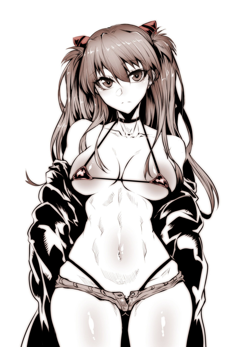 1girls areolae asuka_langley_sohryu bikini breasts clothing cowboy_shot curvaceous denim_shorts female female_only gggg high_resolution highleg highleg_bikini highleg_swimsuit human large_breasts long_hair looking_at_viewer micro_bikini micro_shorts minishorts monochrome navel neon_genesis_evangelion nipples panties_under_shorts puffy_areolae shiny shiny_skin short_shorts shorts skin solo standing string_panties swimsuit thong_above_shorts thong_panties tied_hair toned twintails