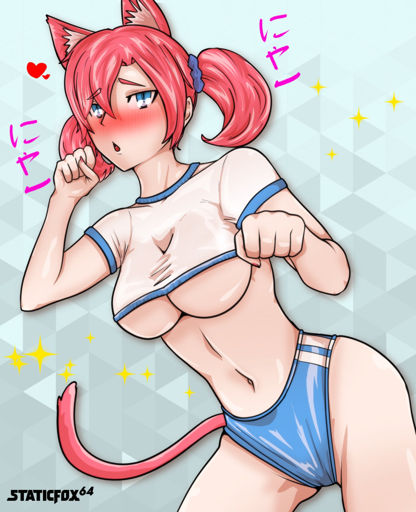 1girls animal_ears blue_eyes blush cat_ears cat_tail digimon digimon_story digimon_story:_cyber_sleuth female female_only hairband human nokia_shiramine red_hair solo staticfox64 tail underboob