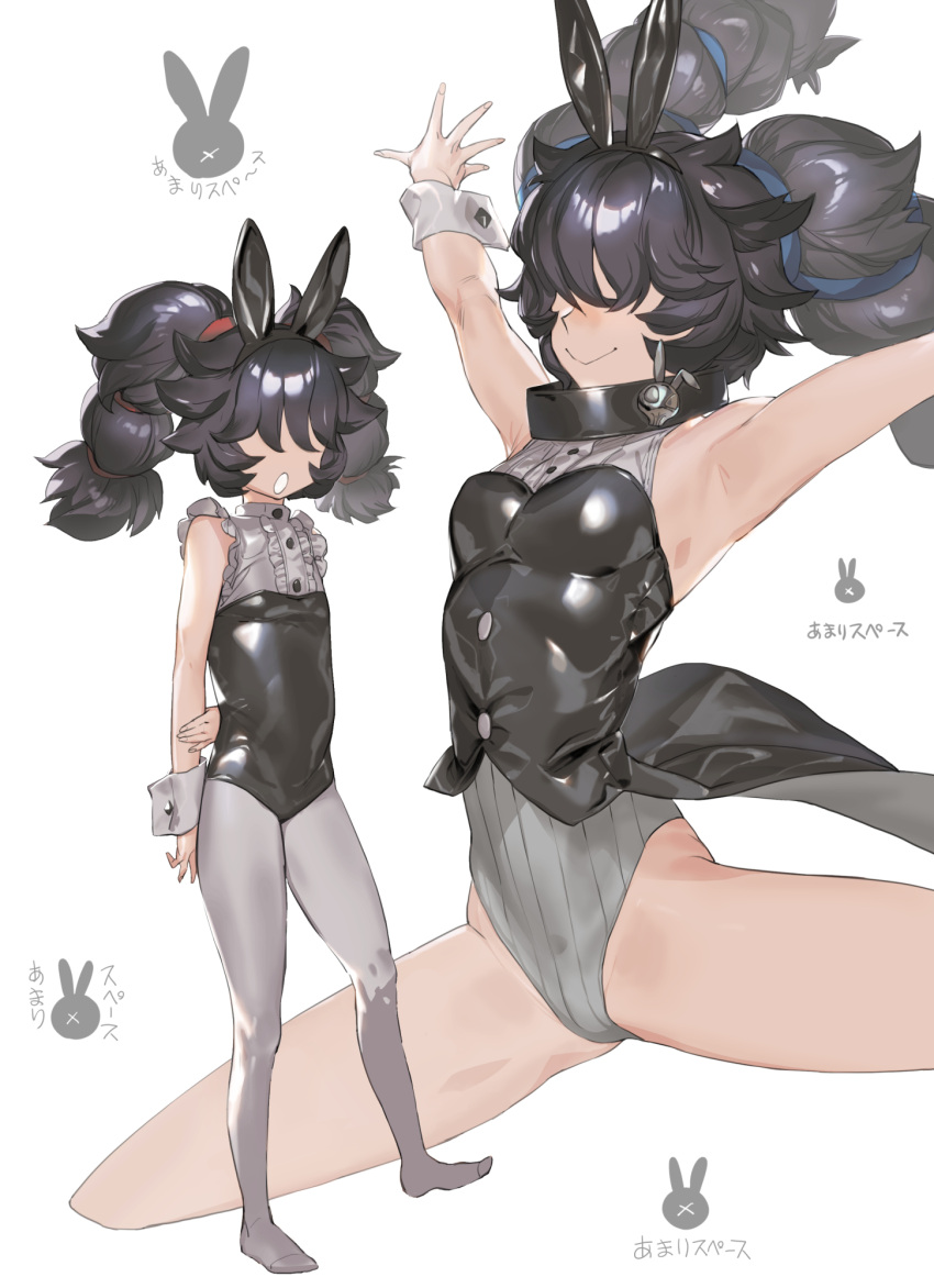 :o animal_ears armpits arms_behind_back black_hair breasts bunny_ears bunnysuit fake_animal_ears female frills hair_over_eyes hi_res highres jumping leotard multiple_hair_ties pantyhose simple_background smile soosaresu standing twintails white_background wrist_cuffs