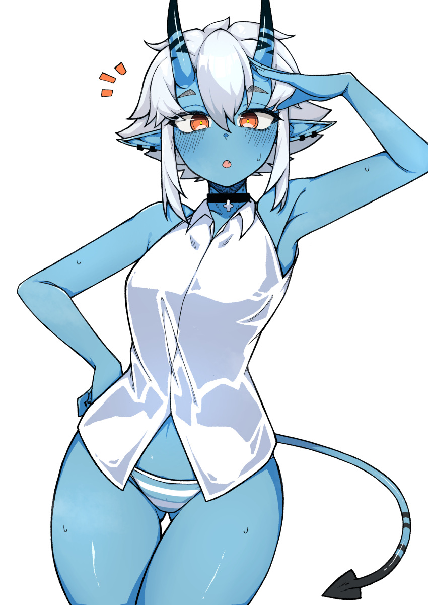 1girls blue_body blue_skin demon demon_girl female female_only horns latd no_pants oni oni_female oni_horns orange_eyes panties pointy_ears shimapan shirt short_hair soukaku striped_panties tail white_hair zenless_zone_zero