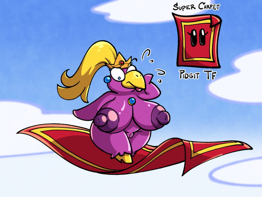 alternate_species anthro areola avian beak big_breasts bird blonde_hair blue_eyes bodily_fluids breasts carpet chest_gem cloud cloudscape crown ear_piercing eyebrows feathers female genitals hair headgear hi_res huge_breasts magic_carpet mario_(series) nintendo nipples nude pidgit piercing ponytail princess_peach purple_areola purple_body purple_feathers purple_nipples pussy raised_eyebrow sachasketchy short_stack sky solo super_mario_bros._2 sweat sweatdrop text thick_thighs wide_hips