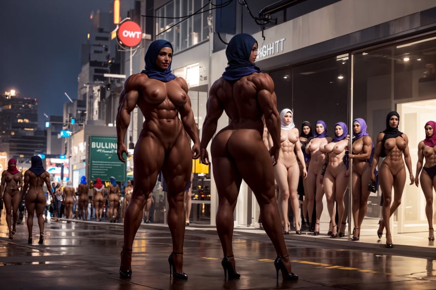 abs absurd_res ai_generated ass biceps breasts casual_nudity city dark-skinned_female female female_only high_heels hijab islam knoworai light-skinned_female multiple_girls muscular muscular_female muslim muslim_female naked naked_female night realistic stable_diffusion thighs