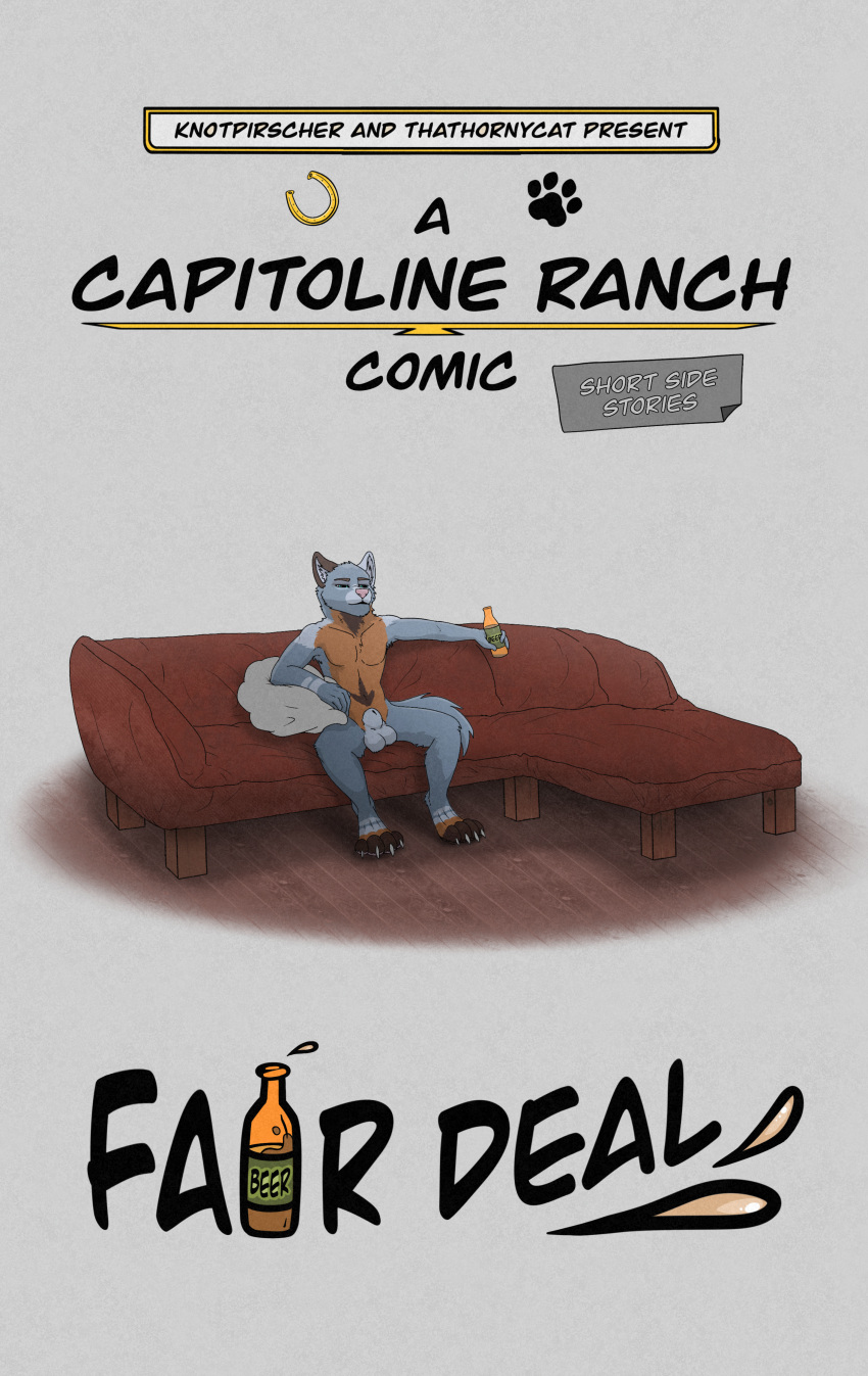 absurd_res animal_genitalia balls canid canine capitoline_ranch colored comic english_text furniture genitals hi_res male mammal sheath sofa takahiro_(thathornycat) text thathornycat