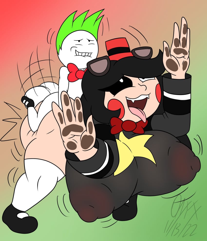 animatronic_female animatronic_girl big_ass big_balls big_breasts big_butt big_nipples big_penis big_thighs bottomless cosplay female five_nights_at_freddy's huge_breasts lefty_(fnaf) lefty_(spongerdude) long_hair long_sleeves long_socks loving_couple loving_it nipples_visible_through_clothing no_bra oc onyx_twilight penetration personification pressed_against pressed_up_against rule_63 sex small_but_hung small_dom_big_sub smaller_male thick_ass thick_legs thick_nipples thick_thighs tongue_out top_hat top_heavy topwear trevor_calm_(trevorsgaming)