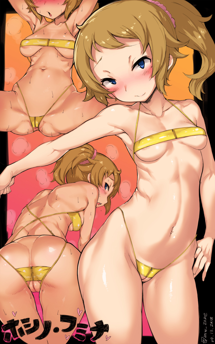 2018 anus ass bare_arms bare_legs bare_shoulders bikini blue_eyes blush breasts brown_hair closed_mouth dated decensored female gundam gundam_build_fighters gundam_build_fighters_try heart highleg highleg_bikini hoshino_fumina imazon innie_pussy looking_at_viewer looking_back medium_breasts multiple_views nipples open_mouth ponytail profile spread_legs swimsuit third-party_edit uncensored