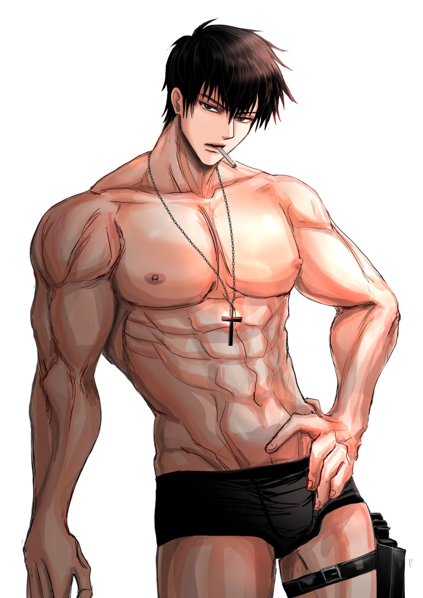 1boy black_boxers black_hair boxers cigarette looking_at_viewer male male_only muscular_male nicholas_d_wolfwood pecs rice_ball_plum solo trigun