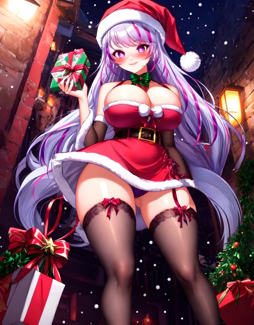 1girls ai_generated big_breasts christmas corela gift_box hispanic_virtual_youtuber night night_sky nymphaaea santa_costume virtual_youtuber vtuber