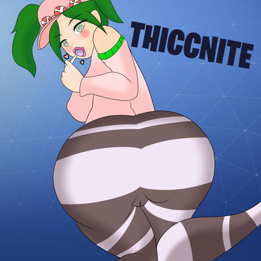 1girls ass bent_over big_ass fortnite green_eyes green_hair heart-shaped_pupils lewdteah lollipop rear_view stockings suggestive symbol-shaped_pupils tagme zoey_(fortnite)