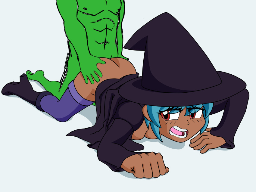 1boy 1girls ambiguous_penetration anon artist_request blue_hair breasts clothed_sex dark-skinned_female dark_skin female female_focus green_skin hands_on_ass high_guardian_spice penetration red_eyes sage_(high_guardian_spice) straight thigh_highs unseen_male_face white_background