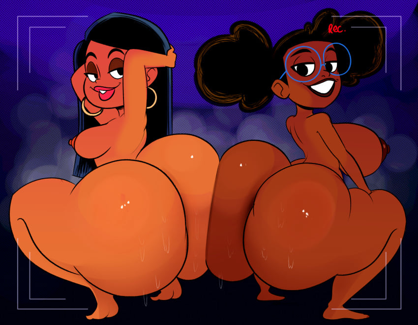 2girls afro_puffs ass ass_focus ass_to_ass back_view big_ass big_booty big_breasts big_butt big_lips black_hair bottom_heavy breasts bubble_ass bubble_butt butt_to_butt camera camera_view casey_calderon crouching dark-skinned_female dark_skin disney disney_channel duo fat_ass gigantic_ass grin hands_behind_head huge_ass huge_butt large_ass latina looking_at_viewer lunella_lafayette marvel moon_girl moon_girl_and_devil_dinosaur nude nude_female ota_(artist) plump_ass plump_lips rear_view smile squatting thick_ass thick_lips