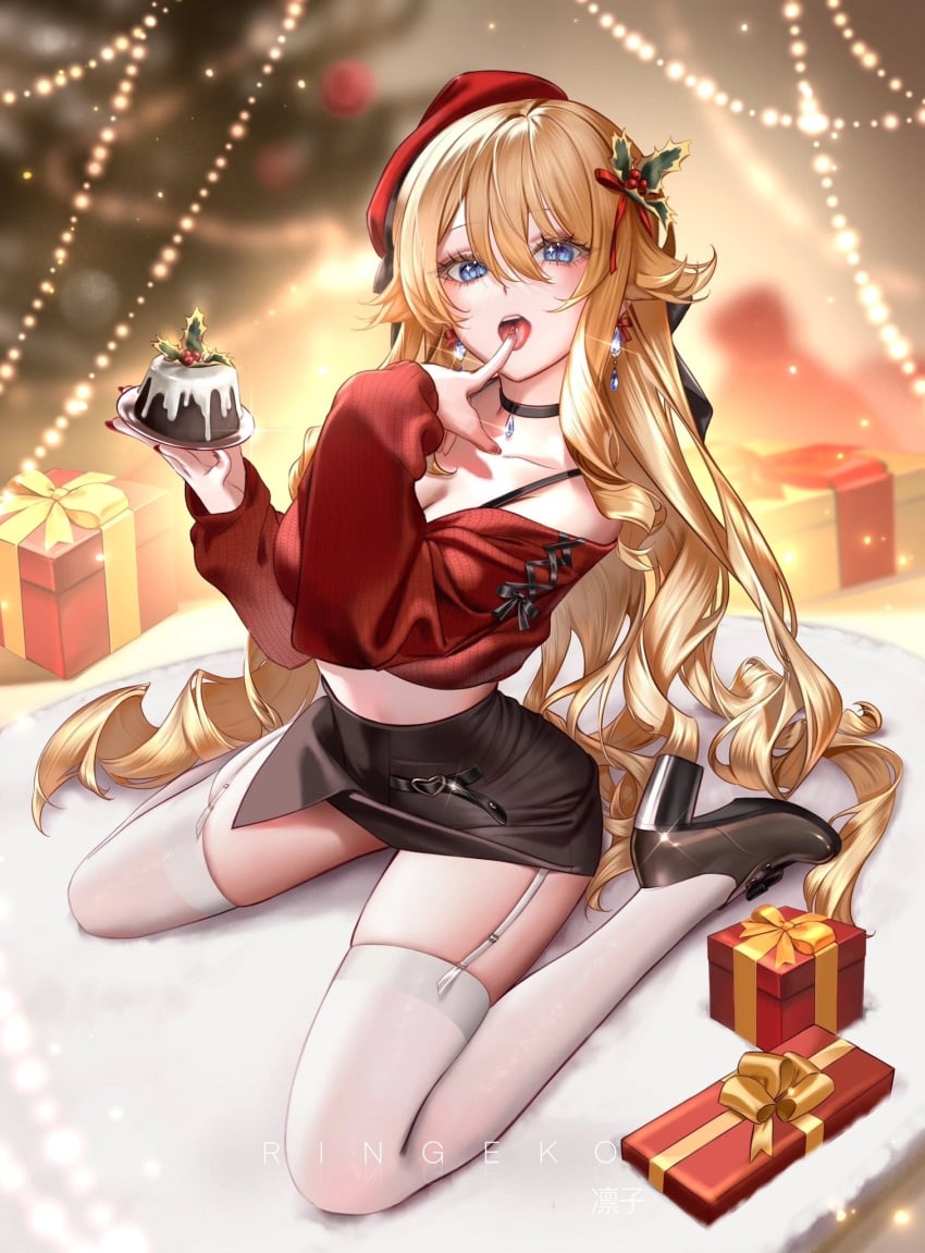 1girls blonde_hair blue_eyes breasts choker christmas christmas_outfit cleavage clothing facing_viewer female female_only finger_to_mouth full_body garter_straps genshin_impact gift gift_box high_heels large_breasts light-skinned_female looking_at_viewer midriff miniskirt navia_(genshin_impact) open_mouth pendant_choker ringeko_chan seductive skindentation skinny skinny_girl skirt solo thighhighs three-quarter_view tongue tongue_out very_long_hair wariza white_thighhighs zettai_ryouiki