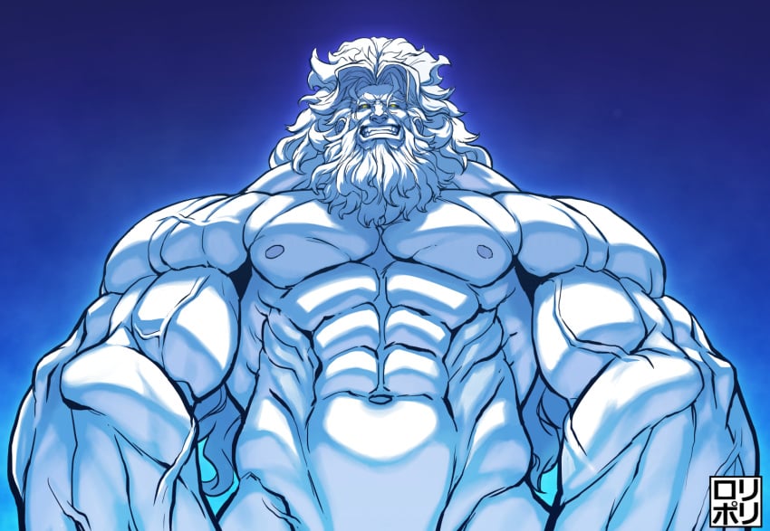 bara beard facial_hair fate/grand_order fate_(series) j_rolypoly long_hair male male_only muscles muscular nude solo solo_male white_body white_hair white_skin zeus_(fate)