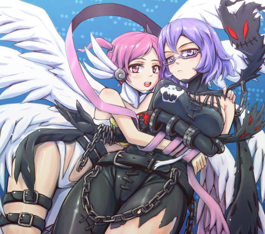 2girls 8_wings akiho_rindou angel angewomon angewomon_(cosplay) artist_request chains cosplay demon digimon digimon_(cosplay) digimon_(species) digimon_world digimon_world_re:digitize female female_only glasses human ladydevimon ladydevimon_(cosplay) mirei_mikagura pink_eyes pink_hair purple_eyes purple_hair short_hair wings