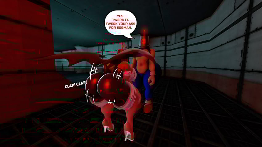 100acrew 1boy 1girls 2025 anthro ass ass_focus bat_girl blue_body blue_skin bucket_helmet chum_bucket chum_bucket_bucket_helmet clapping_ass dialogue female femboy hands_on_knees hedgehog hedgehog_boy huge_ass male mobian mobian_(species) rouge_the_bat sega sfm sonic_(series) sonic_the_hedgehog_(series) source_filmmaker speech_bubble standing twerk_hypnosis twerking twerking_position