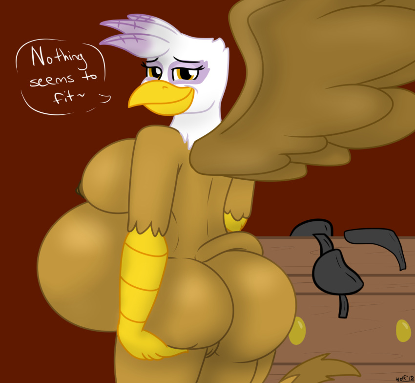 2018 anthro ass avian beak belly big_belly big_butt bra breasts brown_feathers brown_fur clothing drawer dress feathered_wings feathers female friendship_is_magic fur gilda_(mlp) gryphon hi_res holding_butt looking_at_viewer mammal multicolored_feathers my_little_pony nipples nude panties pregnant purple_feathers pussy smile speech_bubble text two_tone_feathers underwear undyingwolf what white_feathers wings yellow_eyes