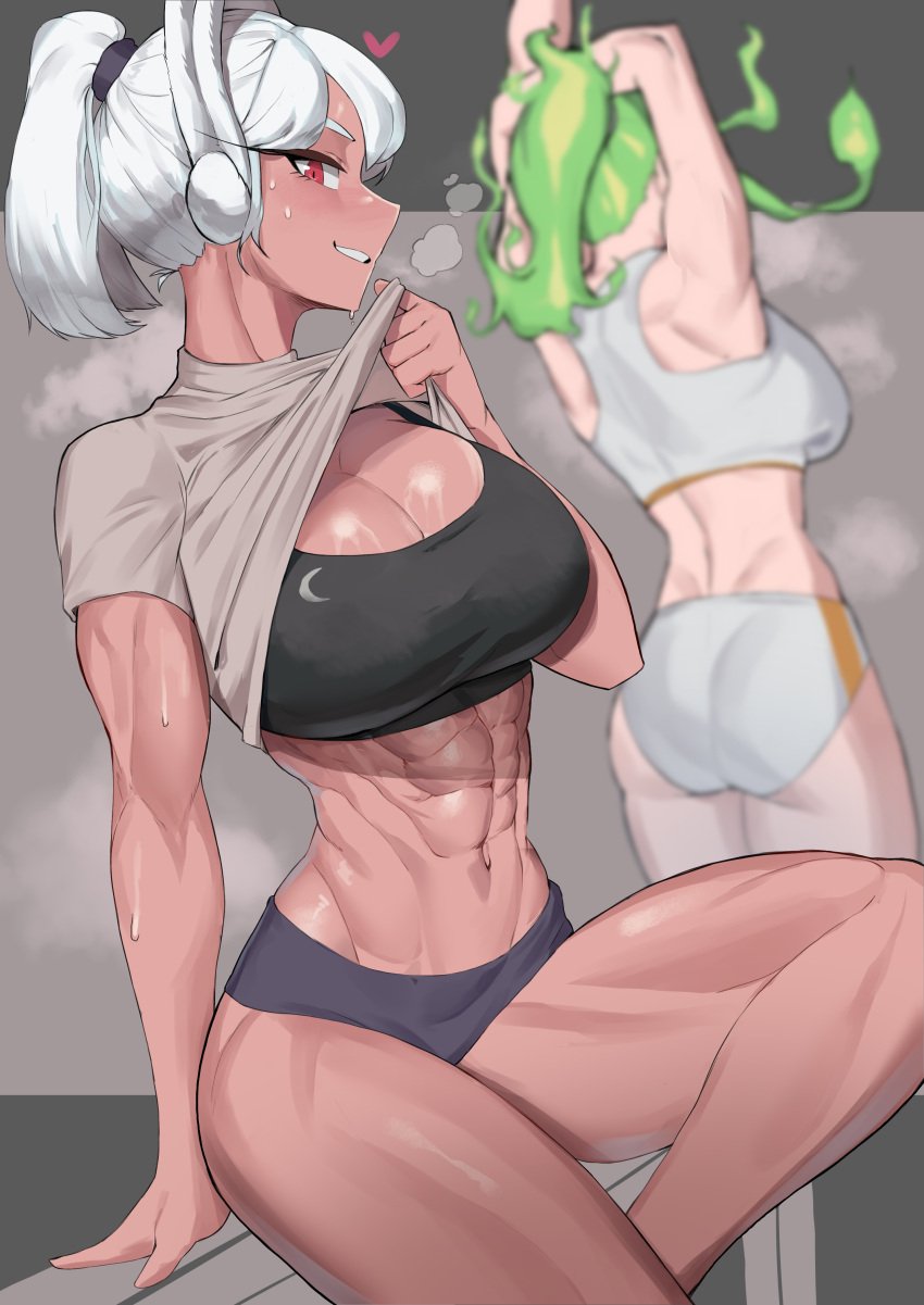 2girls abs absurdres airing_out animal_ears arms_up ass athletic_female bare_legs bench black_buruma black_sports_bra blurry blurry_background boku_no_hero_academia breasts burnin_(my_hero_academia) buruma cleavage clothes_lift crescent_print dark-skinned_female dark_skin feet_out_of_frame fiery_hair green_hair grey_shirt hair_tie heart highres kemonomimi knee_up large_breasts lifted_by_self long_eyelashes long_hair looking_at_viewer mirko miruko multiple_girls muscular muscular_female my_hero_academia navel obliques ponytail rabbit_ears rabbit_girl red_eyes rumi_usagiyama shirt shirt_lift sitting slim_waist smile solo_focus soolee040995 sports_bra steaming_body stomach stretching sweat thick_thighs thighs white_buruma white_hair white_sports_bra