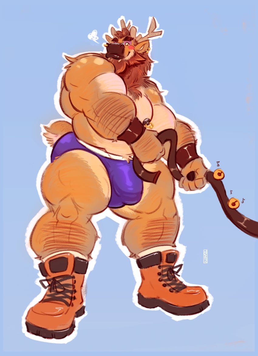 2023 absurd_res anthro antlers barazoku beard bell biceps big_bulge big_muscles blitzen blue_background blush boots bracelet bulge christmas clothed clothing deer deltoids eyebrows facial_hair footwear fur hair hi_res holding_object holidays horn huge_muscles jewelry looking_at_viewer male mammal muscular muscular_anthro muscular_male new_world_deer nipple_piercing nipple_ring nipples pecs piercing reindeer ring_piercing simple_background smile socks solo standing thick_thighs thong toastyfuzzbuns topless topless_anthro topless_male triceps tuft underwear