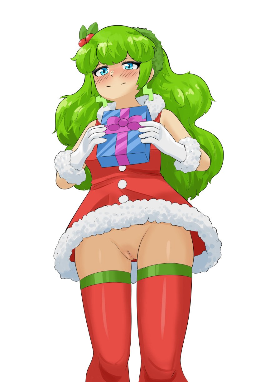 1girls bakudon blue_eyes blush christmas christmas_outfit earrings ess_(puyo_puyo_tetris) gift gloves green_hair hair_ornament long_hair looking_down pussy puyo_puyo puyo_puyo_tetris smile stockings thick_thighs thighs