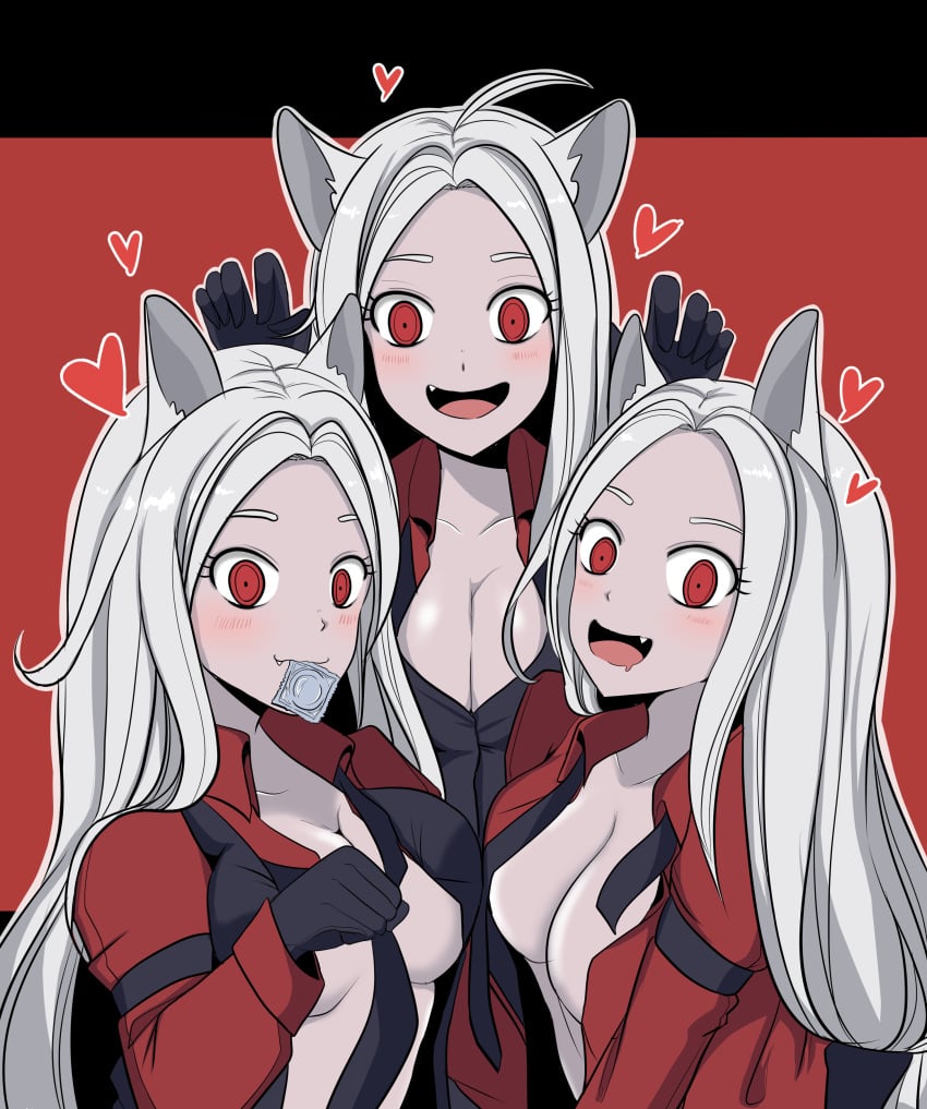 3girls cerberus_(helltaker) demon dog_ears female female_only helltaker red_eyes tagme white_hair yuuki