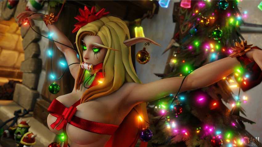 2023 3d blonde_hair blood_elf candy_cane_gag christmas christmas_gift christmas_ornaments christmas_tree elf elf_ears female gagged glowing_eyes green_eyes lights pointy_ears ribbon_bondage ribbons vell(vellektra) vellektra vibrator world_of_warcraft