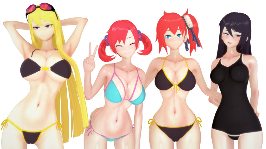 4girls ami_aiba arms_behind_head artist_request bikini black_hair blonde_hair blue_eyes digimon digimon_story digimon_story:_cyber_sleuth eyes_closed female female_only female_protagonist goggles hair_ornament hairband human kyouko_kuremi long_hair multiple_girls nokia_shiramine one-piece_swimsuit red_hair short_hair sunglasses sunglasses_on_head swimsuit theneverhoodlum v yuuko_kamishiro