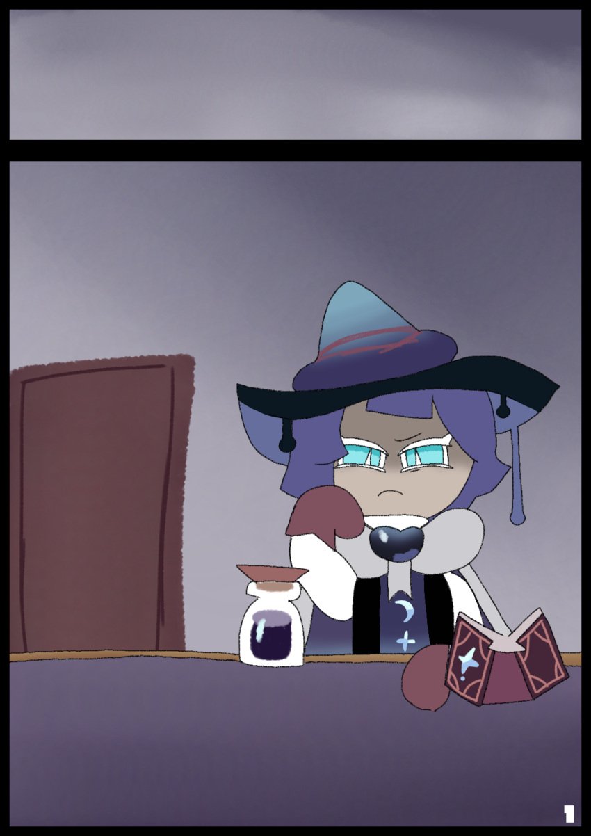 1boy blue_eyes book cape comic comic_page cookie_run cookie_run_kingdom desk frown frustrated gloves indigo_hair indoors page_1 page_number potion potion_bottle prune_juice_cookie reading_book researching solo studying textless textless_version wackymustdie wizard wizard_hat