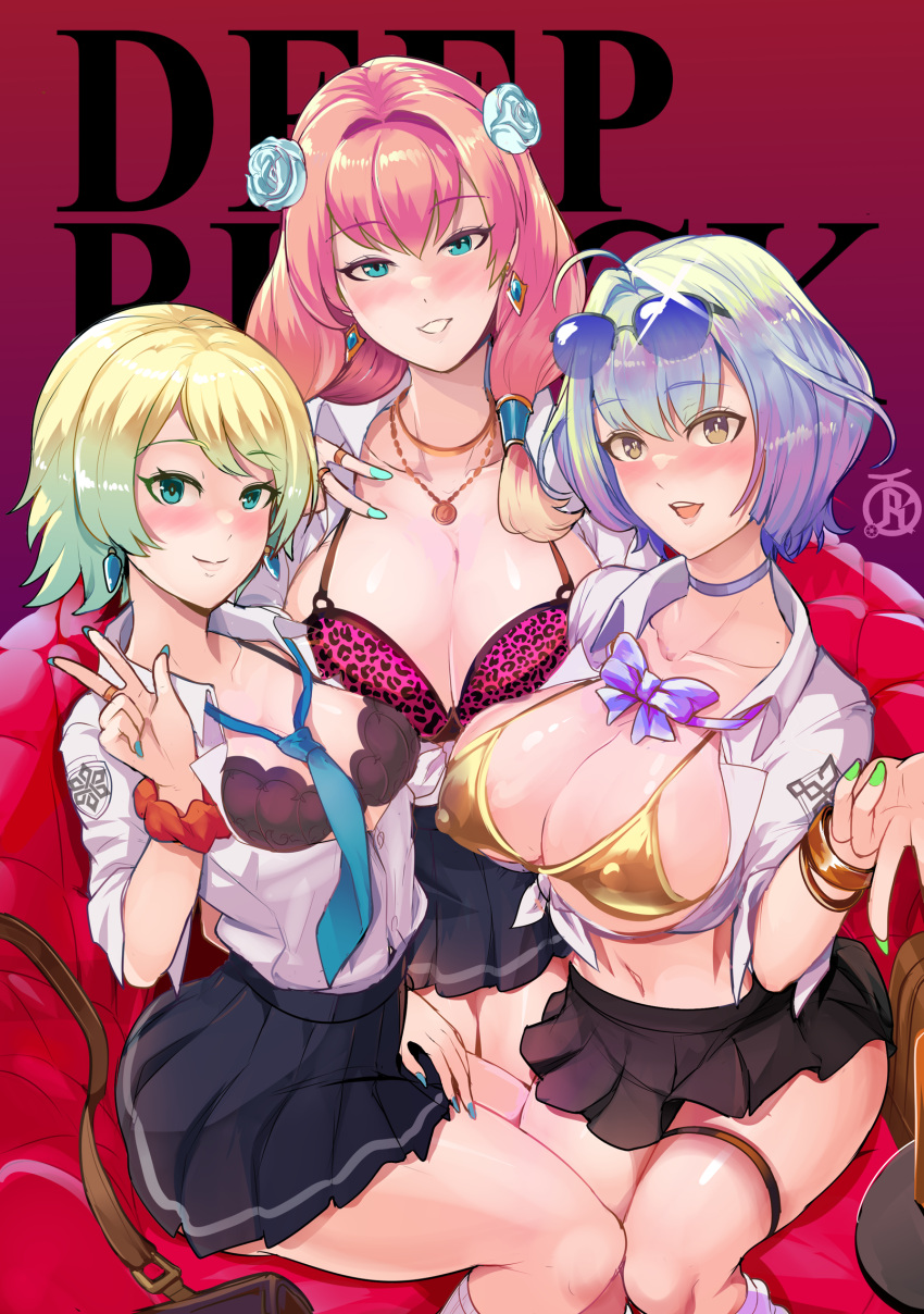 3girls alternate_costume animal_print artist_logo bag black_bra blonde_hair blue_bow blue_bowtie blue_eyes blue_gemstone blue_hair blue_nails blush bow bowtie bra breasts cleavage closed_mouth collar covered_nipples earrings english_text female fire_emblem fire_emblem_heroes fjorm_(fire_emblem) flower gem gold_bra gold_bracelet gradient_background gradient_hair green_hair green_nails gunnthra_(fire_emblem) gyaru hair_flower hair_ornament hand_on_lap highres jewelry kneehighs large_breasts leopard_print leopard_print_bra light-skinned_female light_skin lips long_hair long_sleeves looking_at_viewer medium_breasts medium_hair midriff miniskirt multicolored_hair multiple_girls nail_polish navel necklace nintendo open_clothes open_mouth open_shirt pink_bra pink_hair purple_hair revolverwingstudios school_bag school_uniform schoolgirl scrunchie see-through see-through_shirt seidr_(fire_emblem) shirt short_hair siblings simple_background sisters skirt small_breasts smile socks sunglasses sunglasses_on_head thigh_strap thighs tied_shirt tongue two-tone_hair underwear v yellow_eyes