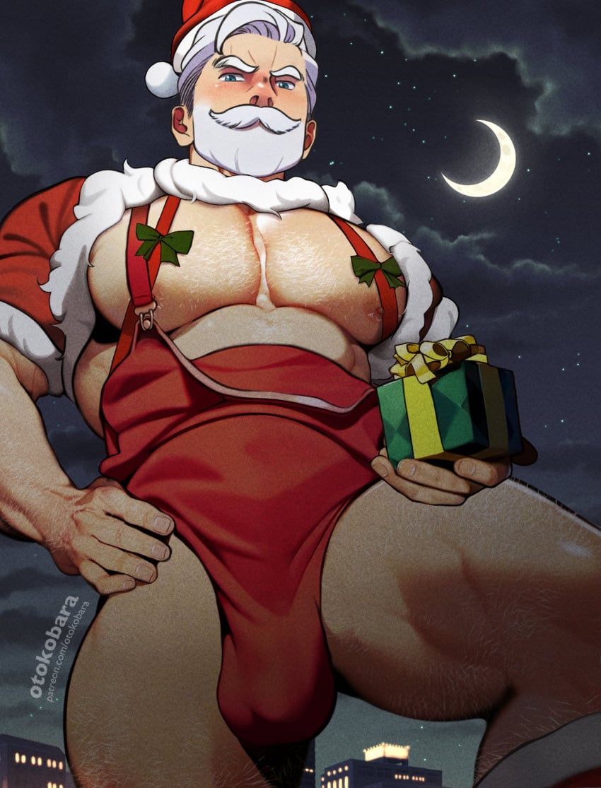 1boy beard blue_eyes bulge christmas crescent_moon happy_holidays male male_focus male_only merry_christmas moon mustache night otokobara santa_claus santa_hat solo solo_focus solo_male white_beard white_hair