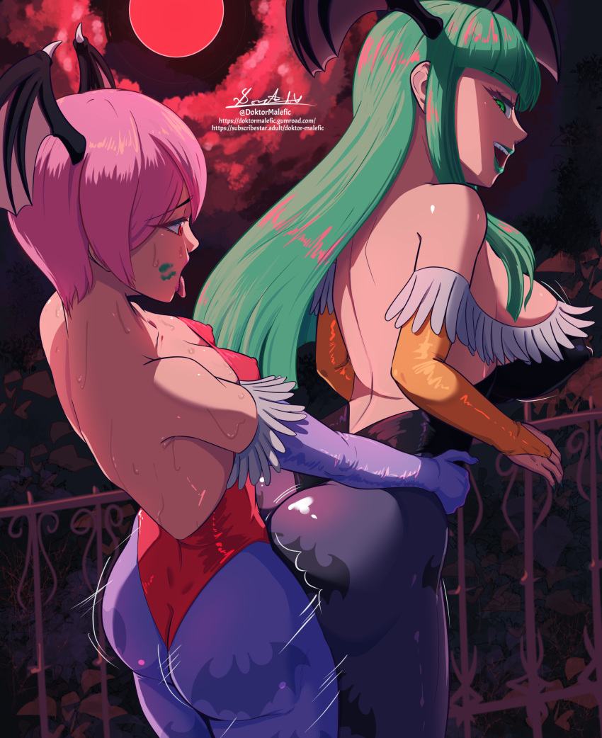 1futa 1girls 2demons absurdres back back_view big_ass big_breasts breasts clothed clothed_sex clothing darkstalkers doktor_malefic duo erect_nipples erect_nipples_under_clothes female futa_on_female futa_with_female futanari green_eyes green_hair head_wings highres humanoid implied_futanari implied_incest implied_sex incest leotard light-skinned_female light-skinned_futanari light_skin lilith_aensland lipstick_mark looking_back medium_breasts morrigan_aensland mostly_clothed nipples_through_clothes pink_hair red_eyes siblings sisters small_breasts standing succubus vampire_(game) wings