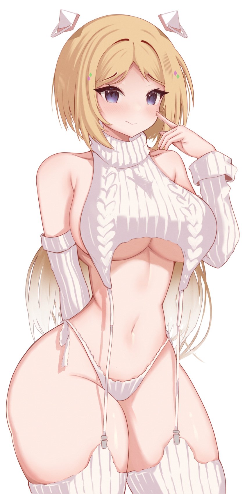 1girls aki_rosenthal belly_button blush female female_only finger_on_cheek hololive hololive_gen_1 hololive_japan huge_breasts light-skinned_female light_skin nyutan slender_waist solo thick_thighs underboob virgin_destroyer_sweater virtual_youtuber wide_hips