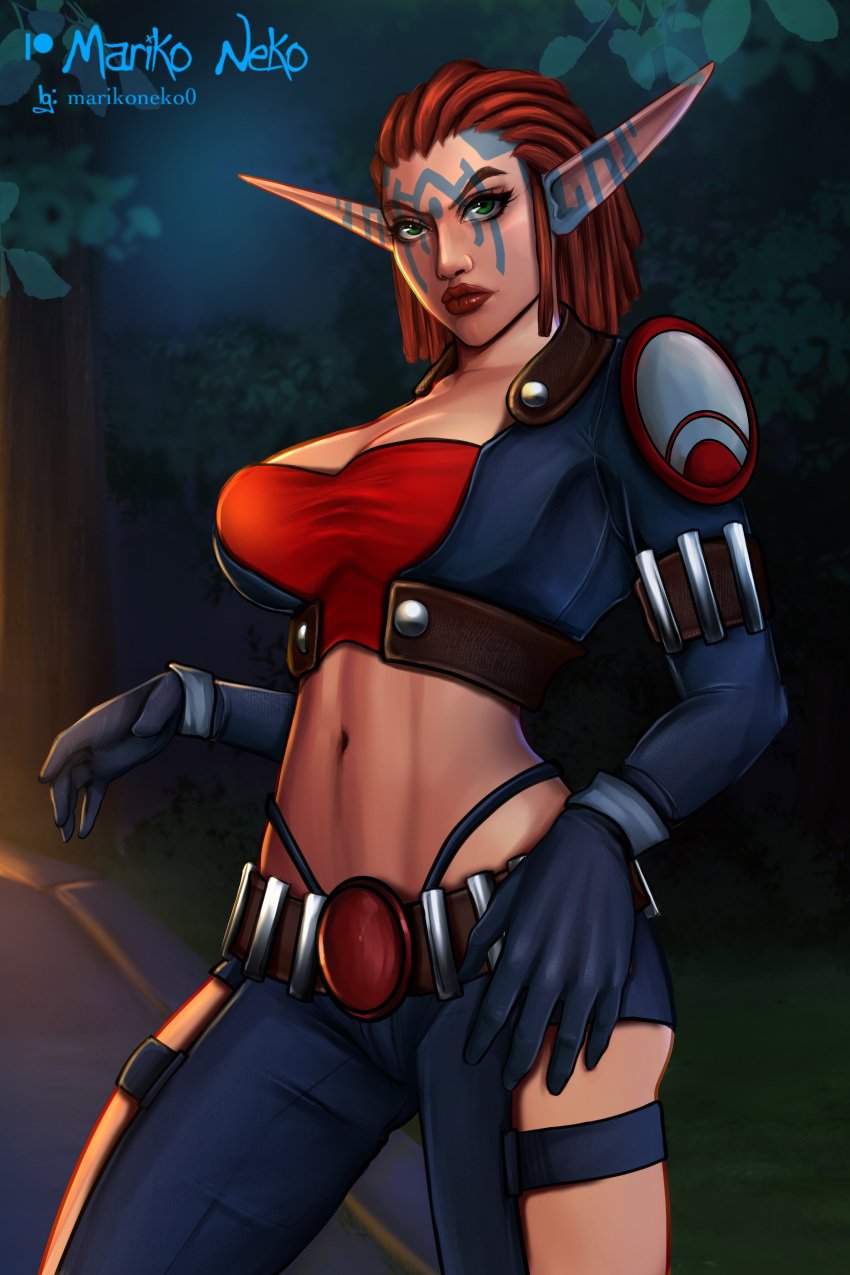 1girls ashelin_praxis big_breasts clothed face_tattoo jak_and_daxter marikoneko marikoneko0 red_hair standing tattoo thong_above_pants