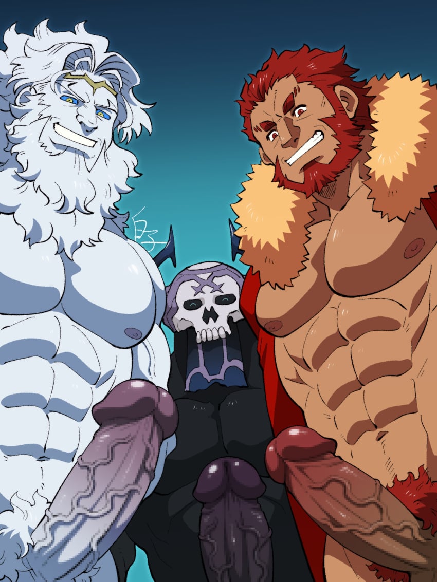 41raco balls bara beard boner censored_penis erection facial_hair fate/grand_order fate_(series) iskandar_(fate) king_hassan long_hair male male_only muscles muscular nude penis white_body white_hair white_skin zeus_(fate)