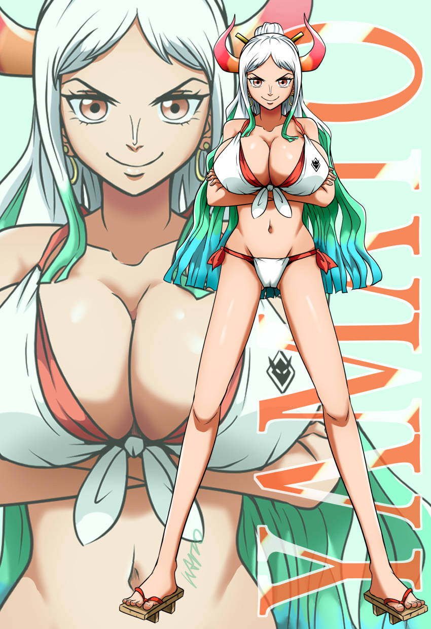 1girls bikini blue_hair breasts cleavage earrings female female_only geta hoop_earrings horns large_breasts le_reef looking_at_viewer midriff multicolored_hair navel one_piece ponytail red_eyes side-tie_bikini side-tie_swimsuit sideboob swimsuit white_bikini white_hair white_swimsuit yamato_(one_piece)