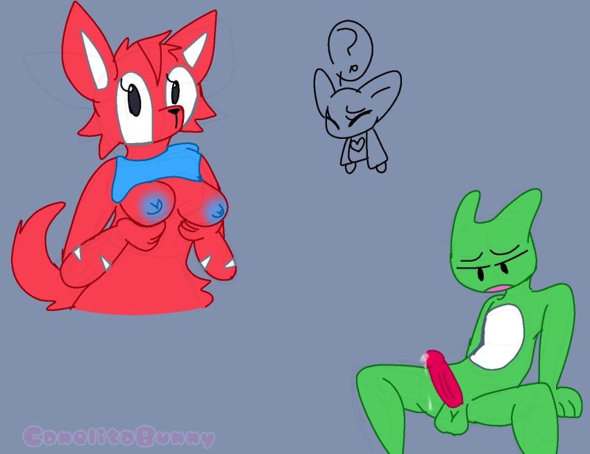 1boy 2girls ? anthro anuik_(gogo's) bad_anatomy black_eyes blue_nipples canelitabunny cat_ears cat_girl cat_humanoid catgirl danko_(gogo's) erection feline gogo's gogo's_crazy_bones green_body male megatrip mosh_(gogo's) nipples red_dick red_fur red_penis white_body