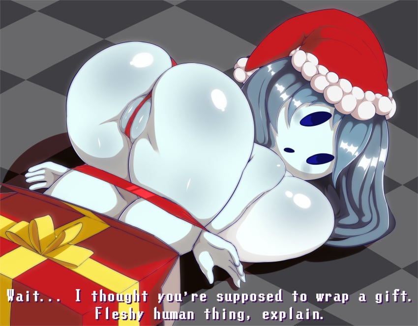 1girls ass big_ass christmas dakagite female female_only huge_ass looking_at_viewer ribbon santa_hat solo spooky's_house_of_jump_scares spooky_(shojs) tagme text