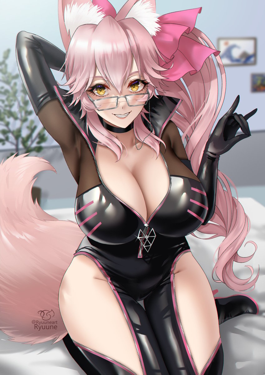 1girls big_breasts big_thighs fate/grand_order fate_(series) female female_focus glasses koyanskaya_(assassin) koyanskaya_(fate) light-skinned_female light_skin long_hair long_hair_female no_panties pink_hair pink_hair_female pink_tail ryuuneart solo solo_female solo_focus suit thighs yellow_eyes