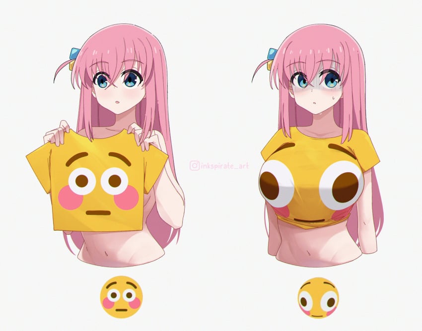 1girls big_breasts blue_eyes blushing_emoji bocchi_the_rock! breasts emoji emoji_(race) female female_only flushed_emoji flushed_emoji_shirt flushed_face gotou_hitori holding inkspirate long_hair meme meme_attire meme_clothing pink_hair shirt solo solo_female