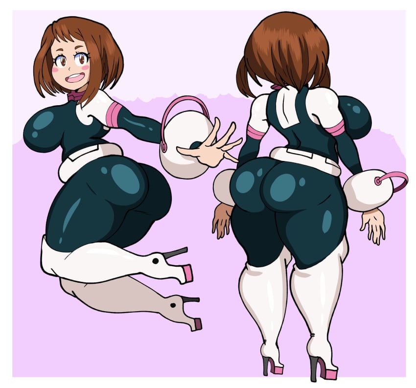 1girls ass brown_eyes brown_hair clothed clothed_female female female_only full_body heels hero_outfit_(mha) matching_hair/eyes my_hero_academia ochako_uraraka open_mouth open_smile shingattai short_hair smile solo solo_female