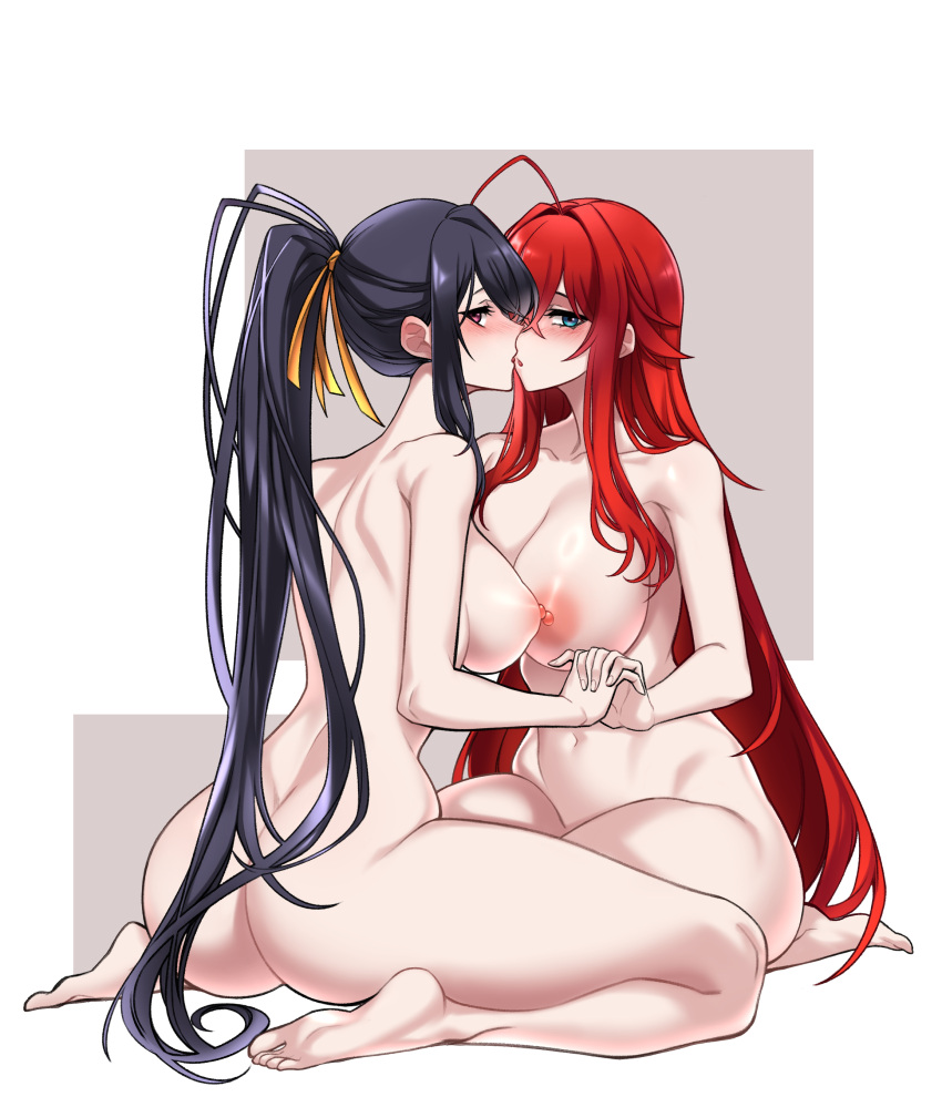 2girls :o absurdres ahoge akeno_himejima aqua_eyes ass asymmetrical_docking back bare_shoulders barefoot black_hair blush breast_press breasts cleavage commentary_request completely_nude curvy dogs_(dlrkdejr26) female full_body high_ponytail high_school_dxd highres holding_hands imminent_kiss large_breasts large_breasts_lesbian long_hair looking_at_viewer multiple_girls navel nipples nude parted_lips ponytail red_eyes red_hair rias_gremory ribbon sideboob sitting stomach thighs toes very_long_hair wariza yellow_ribbon yuri