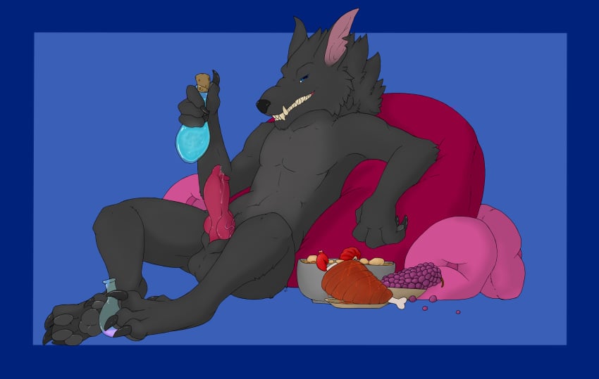 animal_genitalia anthro aroused balls blue_eyes canine fan_character food hi_res male male_only mammal neshi paws penis potions precum relaxing sheath smile teeth video_games warcraft were werewolf worgen