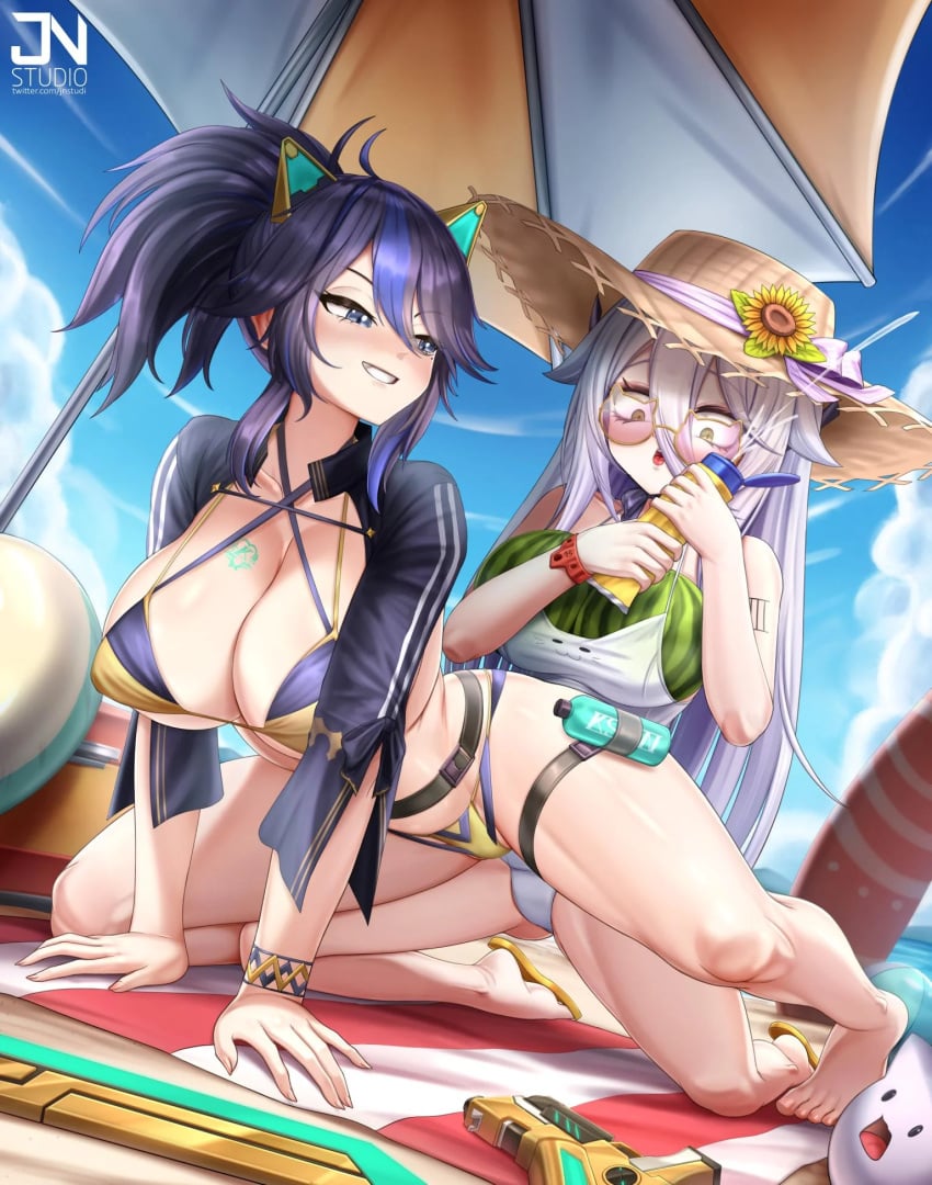 2girls awe beach bikini henya_the_genius jnstudio kson_onair squirt_gun suntan_lotion tagme virtual_youtuber vshojo vtuber watermelon_bra yuri