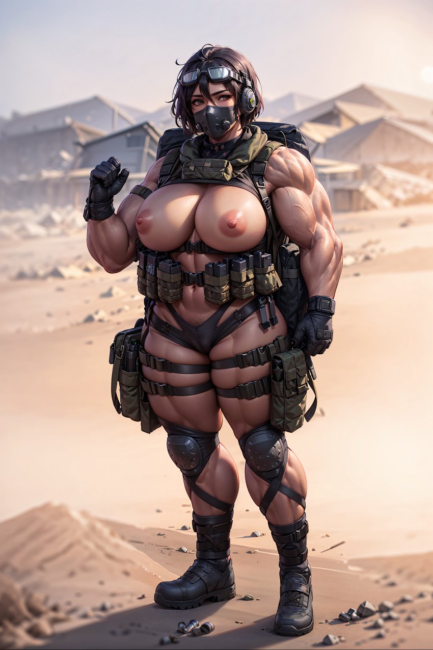 absurd_res ai_generated backpack biceps big_breasts boots calves cameltoe female female_only gloves goggles_on_head harness headphones kneepads knoworai mask masked_female muscular muscular_female nipples outdoors post_apocalyptic pouch pubic_hair realistic solo solo_female stable_diffusion straps thick_thighs topless topless_female wasteland