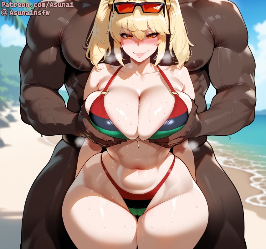 1boy ai_generated asunai beach bikini blonde_hair blush burnice_white curvy dark-skinned_male female groping groping_breasts groping_from_behind height_difference huge_ass huge_breasts interracial larger_male light-skinned_female lips looking_at_viewer midriff naughty_face navel orange_eyes outdoors size_difference smug stable_diffusion submissive submissive_female thick_thighs twintails wide_hips zenless_zone_zero