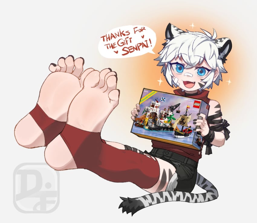 blue_eyes feet feet_out_of_frame feet_up femboy foot_fetish foot_focus furry furry_ears furry_tail indie_virtual_youtuber lego legs looking_at_viewer male stirrup_legwear stirrup_socks taigaxholic virtual_youtuber white_hair