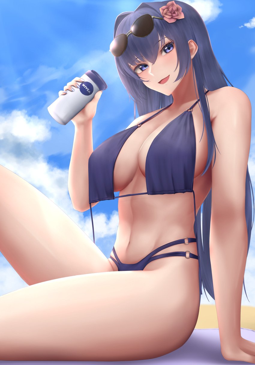 1girls azur_lane beach big_breasts bikini blue_eyes blue_hair blush clothing eko. flower light-skinned_female light_skin long_hair looking_at_viewer lotion manjuu_(company) new_jersey_(azur_lane) nivea_(cosmetic_product) sitting sunglasses sunglasses_on_head white_nail_polish white_nails